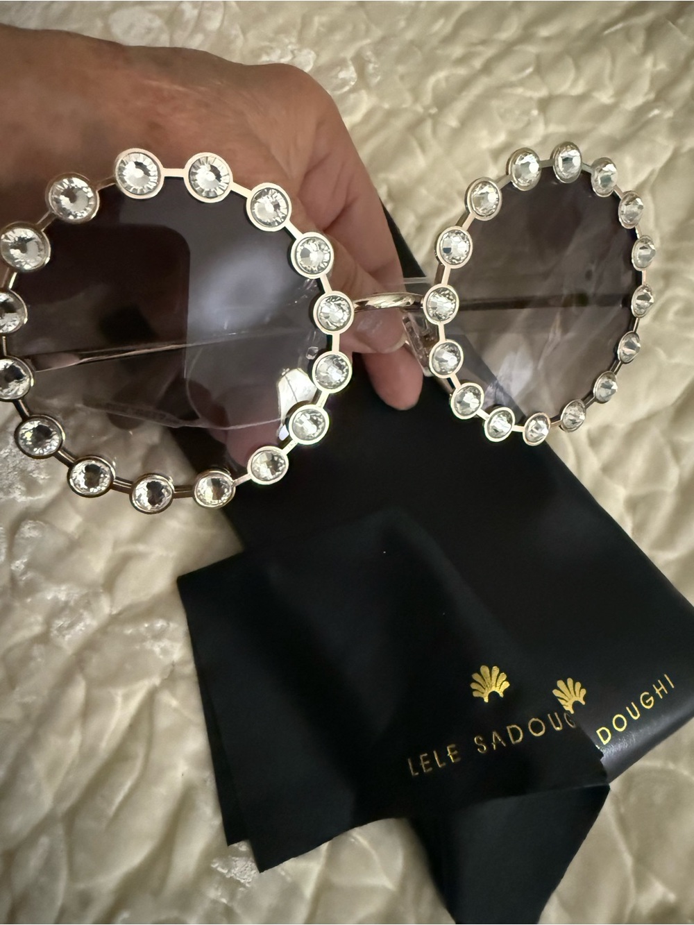 Lele Sadoughi Silver Crystal-Trim Round Sunglasses with Black Lenses